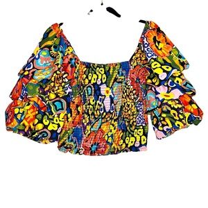 Live 4 Truth Bright Multi Color Floral Tiered Puff Sleeve Smocked Crop Top Sz M